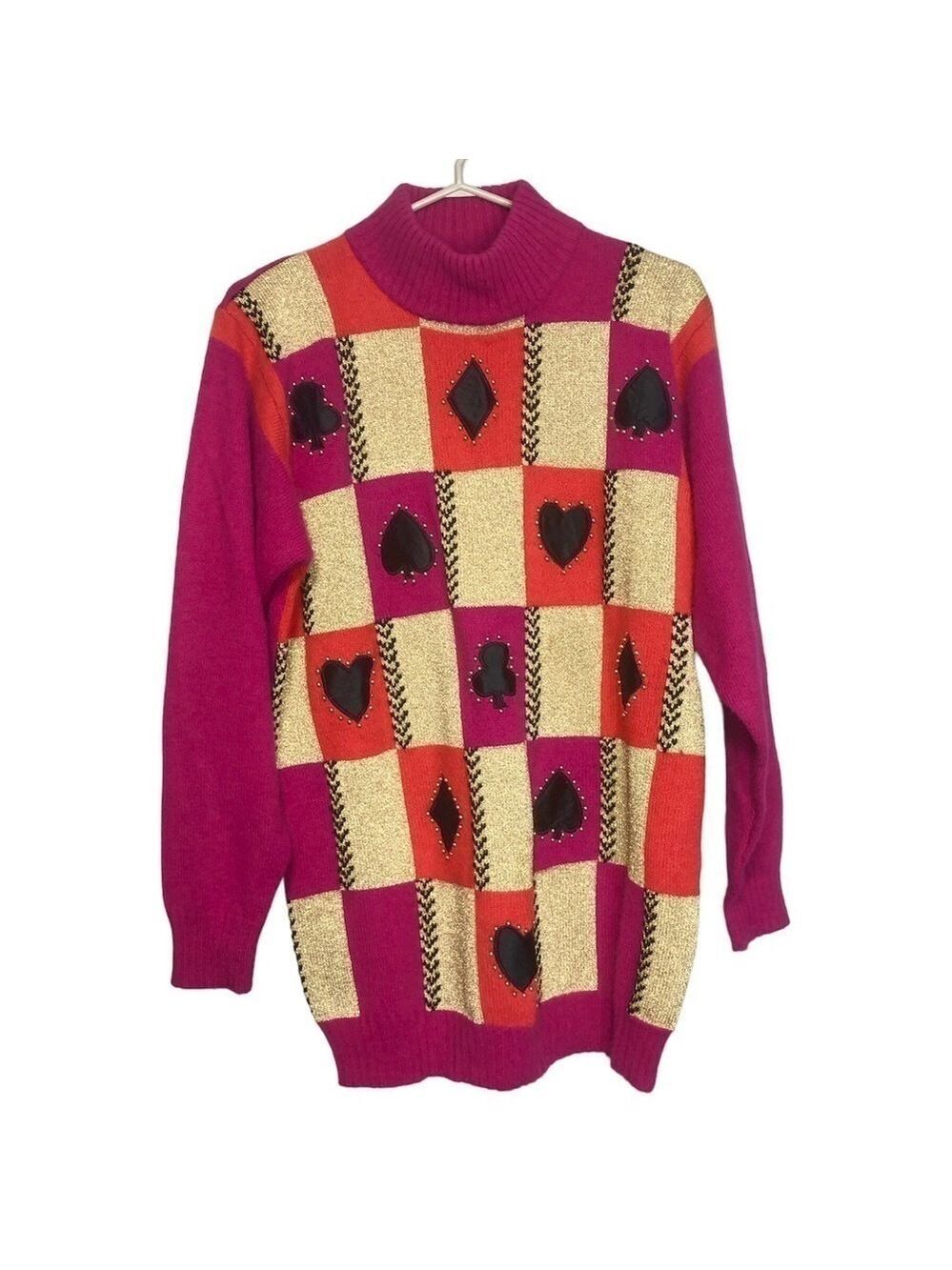 Vintage Wool Angora Patchwork Card Suits Beaded Mock Neck Sweater, size 40 (M/L)